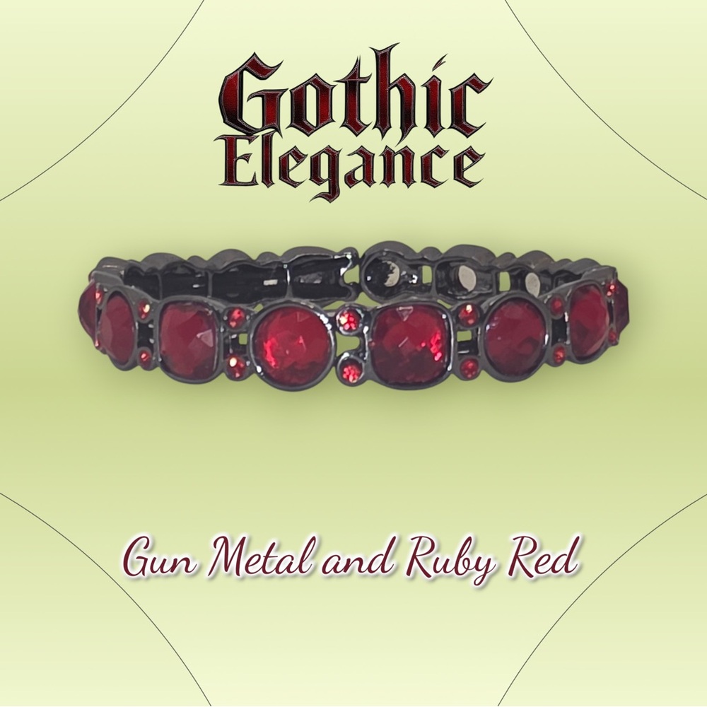 Gothic Ruby Red Stretch Bracelet – Gunmetal Statement